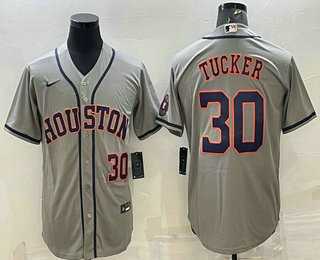 Men%27s Houston Astros #30 Kyle Tucker Number Grey With Patch Stitched MLB Cool Base Nike Jersey